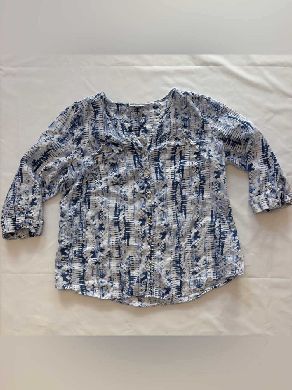 JM Collection Blue and White Printed Button-Down Blouse
